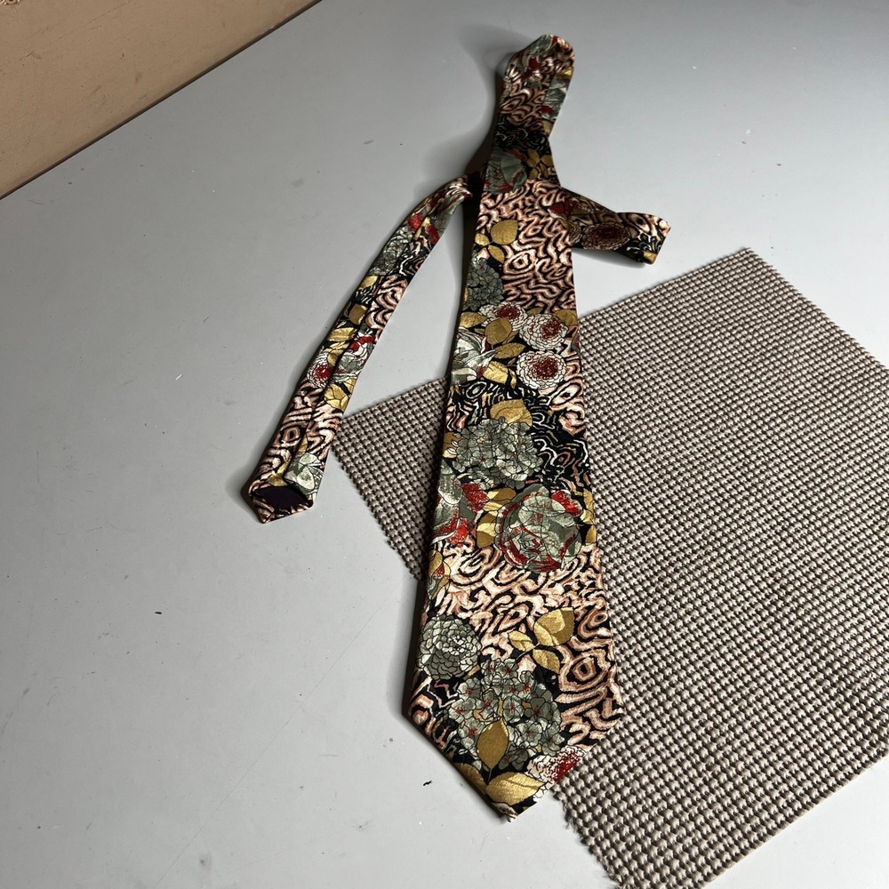 Pierre Balmain Paris Extra Long Silk Tie Floral Abstract Gold Green Burgundy